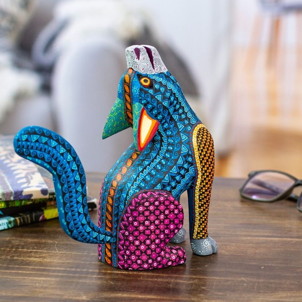 Handcrafted Alebrije Coyote Sculpture in Vibrant Hues 'Blue Howl'