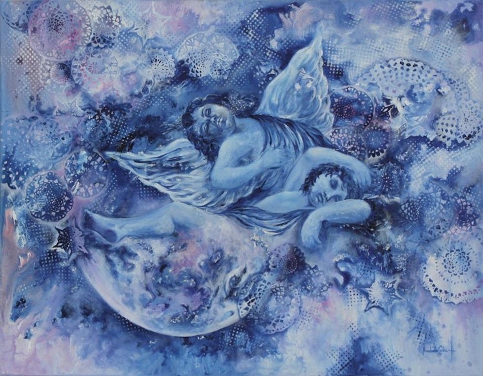 Expressionist Angel Painting in Blue from Brazil 'The Guardians'