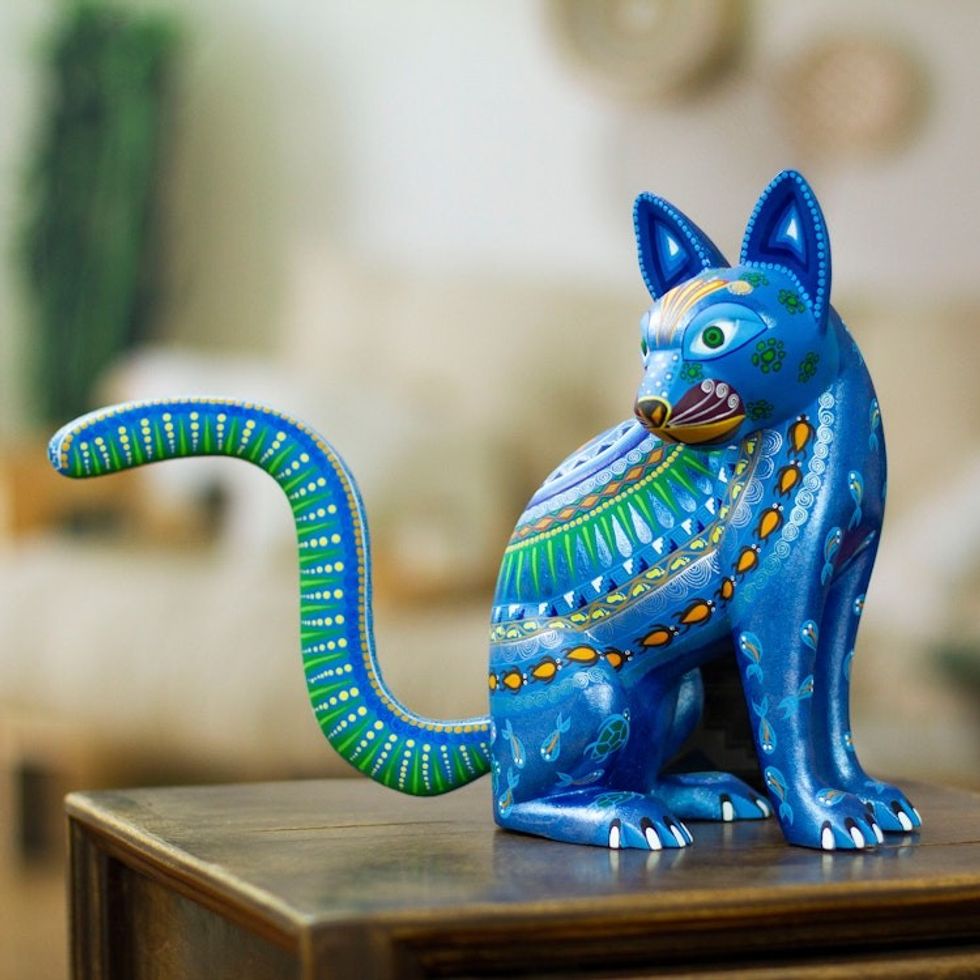 Mexico Alebrije Mystical Cat Sculpture Oaxaca Folk Art 'Cat of the Moon and Water'