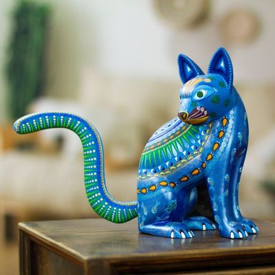 Alternate image for Mexico Alebrije Mystical Cat Sculpture Oaxaca Folk Art Cat of the Moon and Water