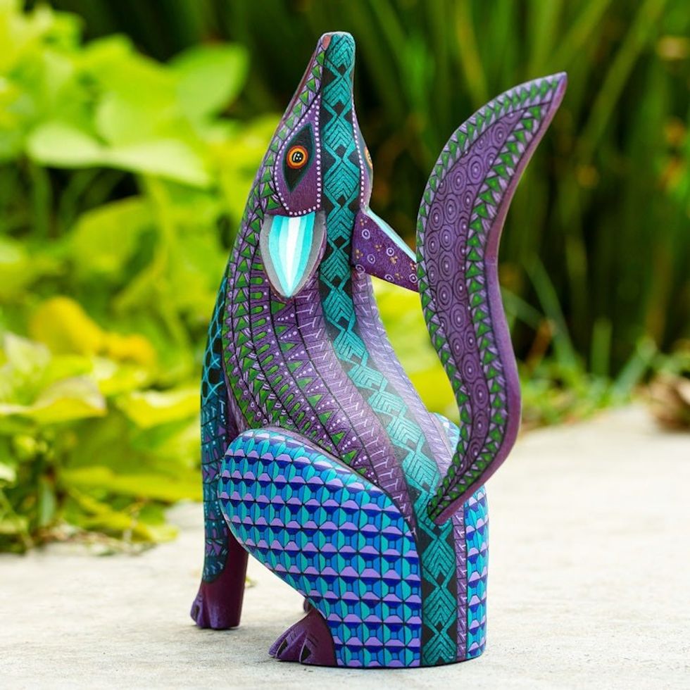 Hand-Painted Oaxacan Alebrije Sculpture 'Purple Coyote'