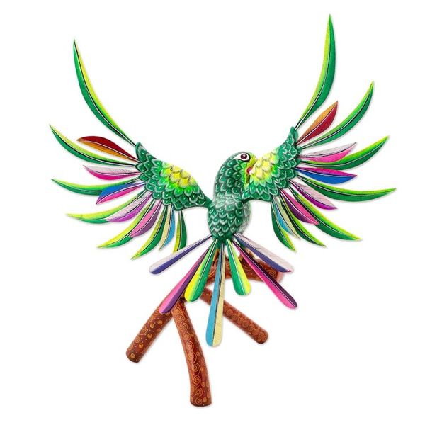 Alternate image for Handmade Green Parrot Alebrije Sculpture from Mexico Perky Green Parrot