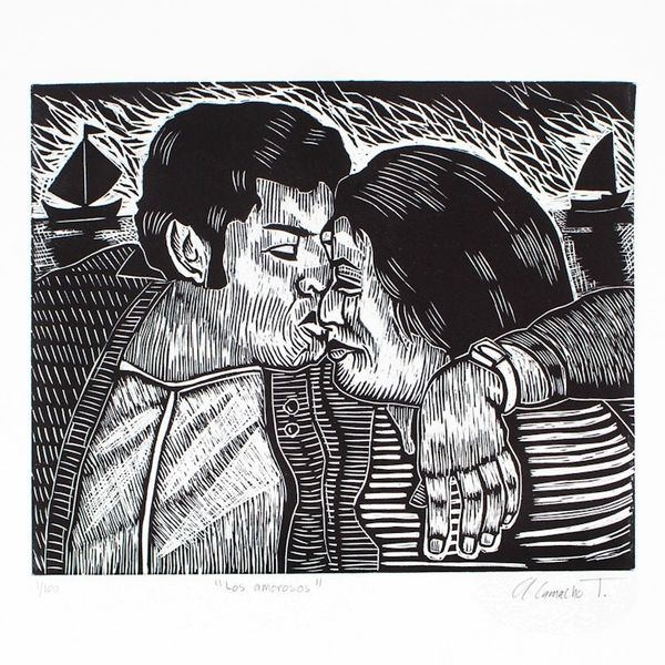 Alternate image for World Peace Project Linoleum Block Print of Loving Couple The Loving Ones