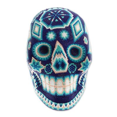 Alternate image for Huichol Beaded Dark Blue Skull with Huichol Icons Eagle Mother