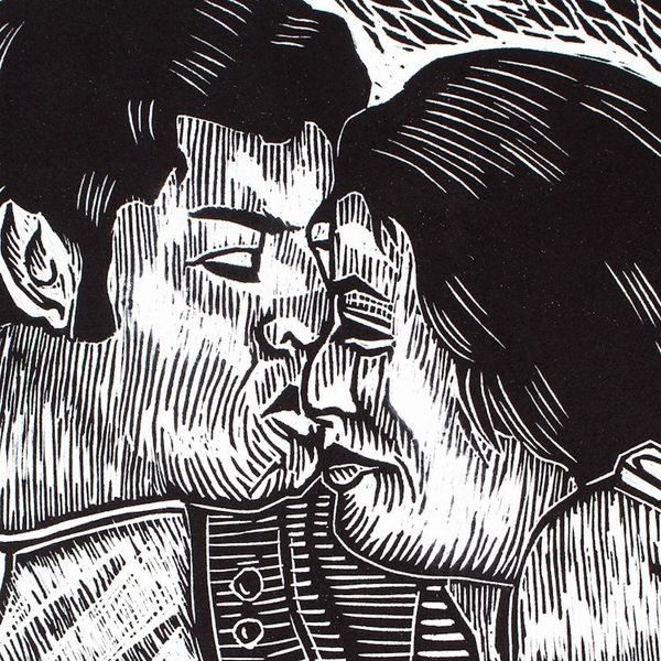 Alternate image for World Peace Project Linoleum Block Print of Loving Couple The Loving Ones
