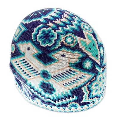 Alternate image for Huichol Beaded Dark Blue Skull with Huichol Icons Eagle Mother