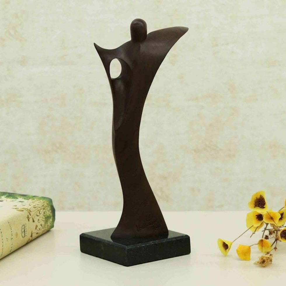 Abstract Angel Imbuia Wood Sculpture with Granite Base 'Angel of Health'