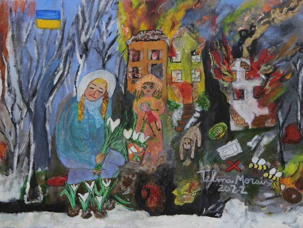 Acrylic Naif Painting of Mother and Child Mourning at A Tomb 'Ukraine Strength'