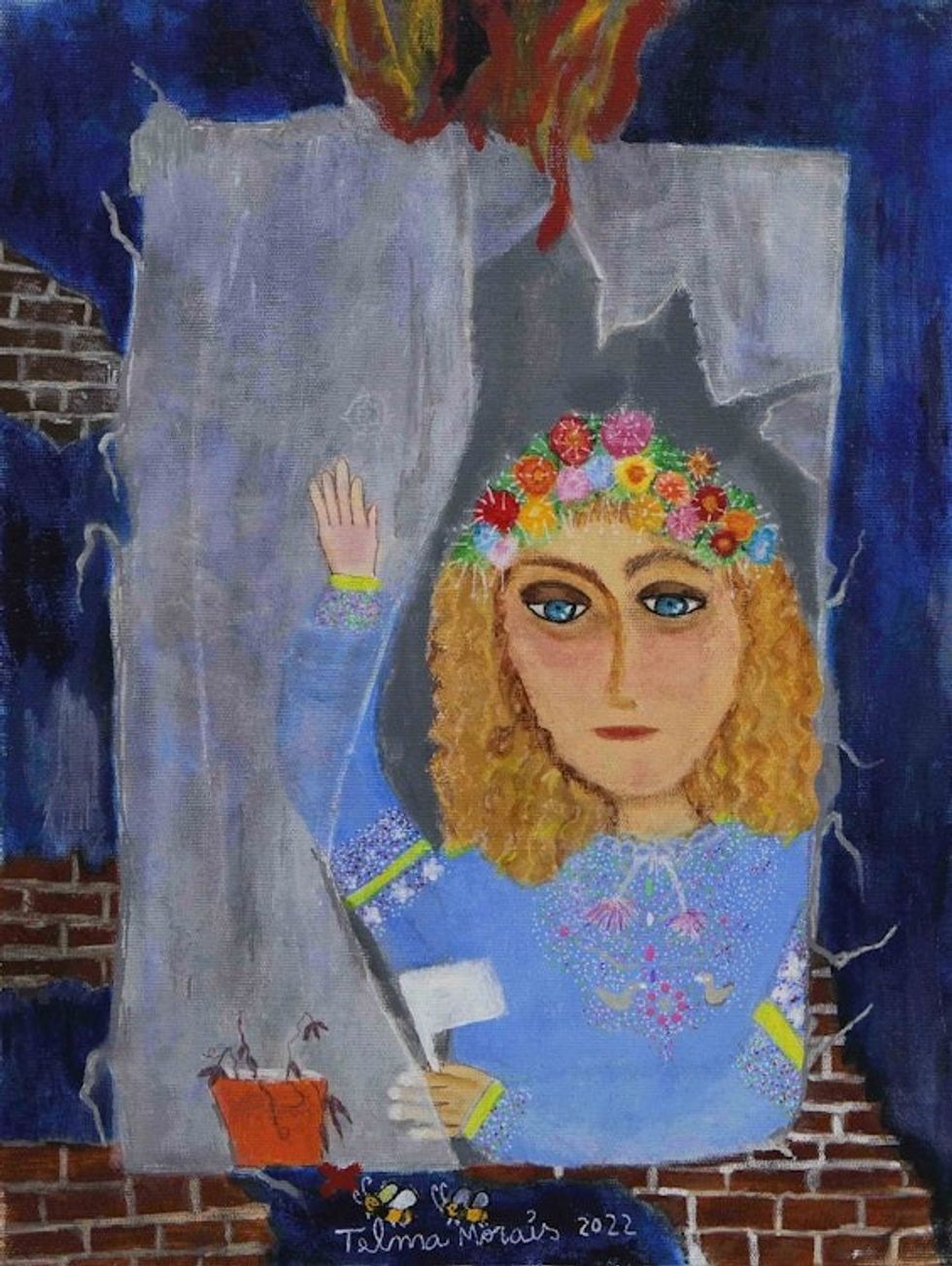 Acrylic on Canvas Naif Painting of Ukrainian Child in Window 'Window in Ukraine'