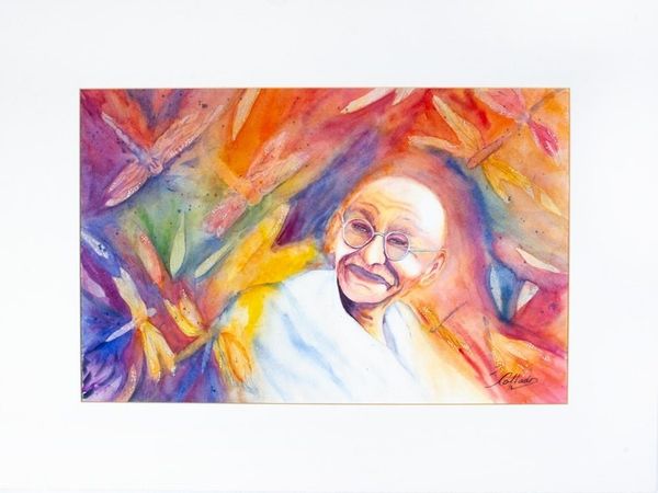 Alternate image for Colorful Signed Expressionist Painting of Gandhi from Mexico Illuminated