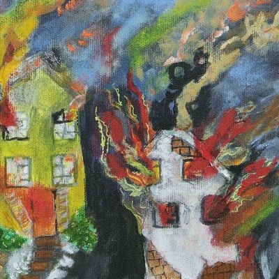 Alternate image for Acrylic Naif Painting of Mother and Child Mourning at A Tomb Ukraine Strength