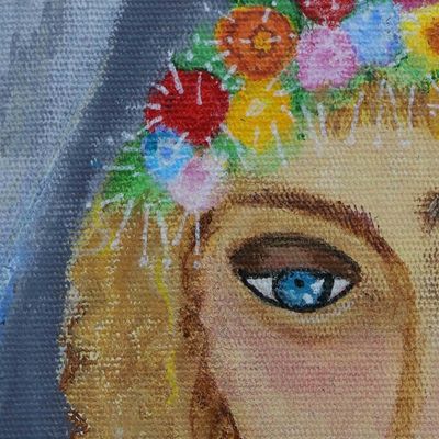 Alternate image for Acrylic on Canvas Naif Painting of Ukrainian Child in Window Window in Ukraine