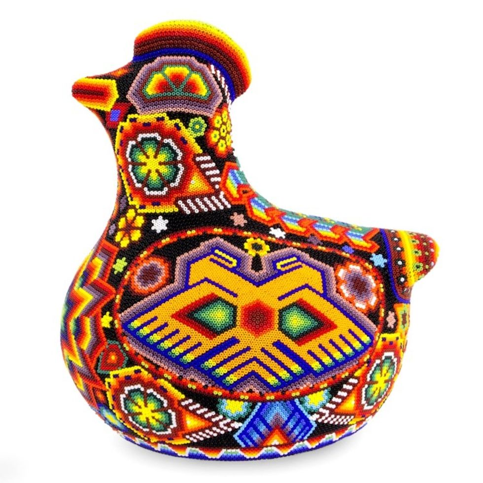 Handmade Huichol Folk Art Beadwork Bird Sculpture 'Happy Huichol Hen'