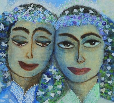 Alternate image for Acrylic on Canvas Portrait of Two Women in Naif Style Compassion and Charity