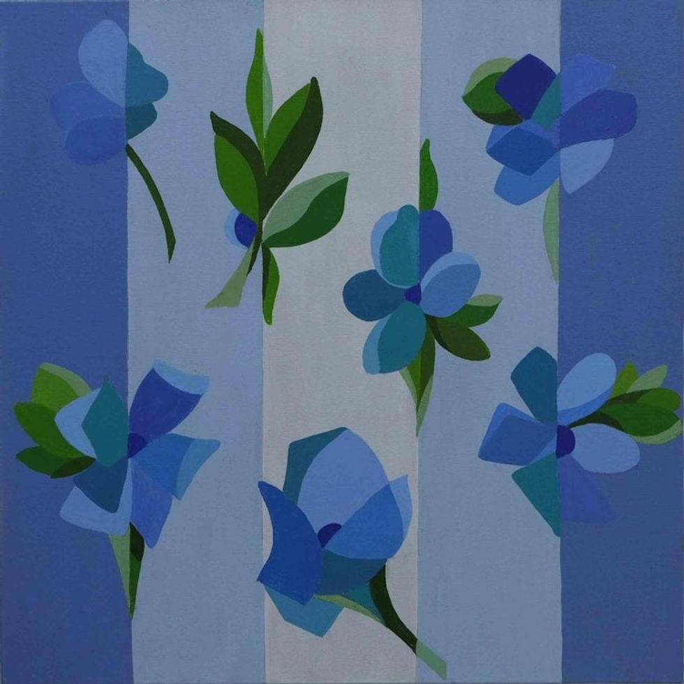 Signed Stretched Acrylic Naif Painting of Blue Flowers 'Blue Petals'