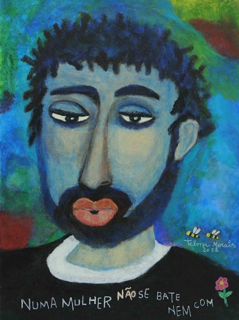 Acrylic on Canvas Portrait of Man in Naif Style from Brazil 'Sweet Kiss'