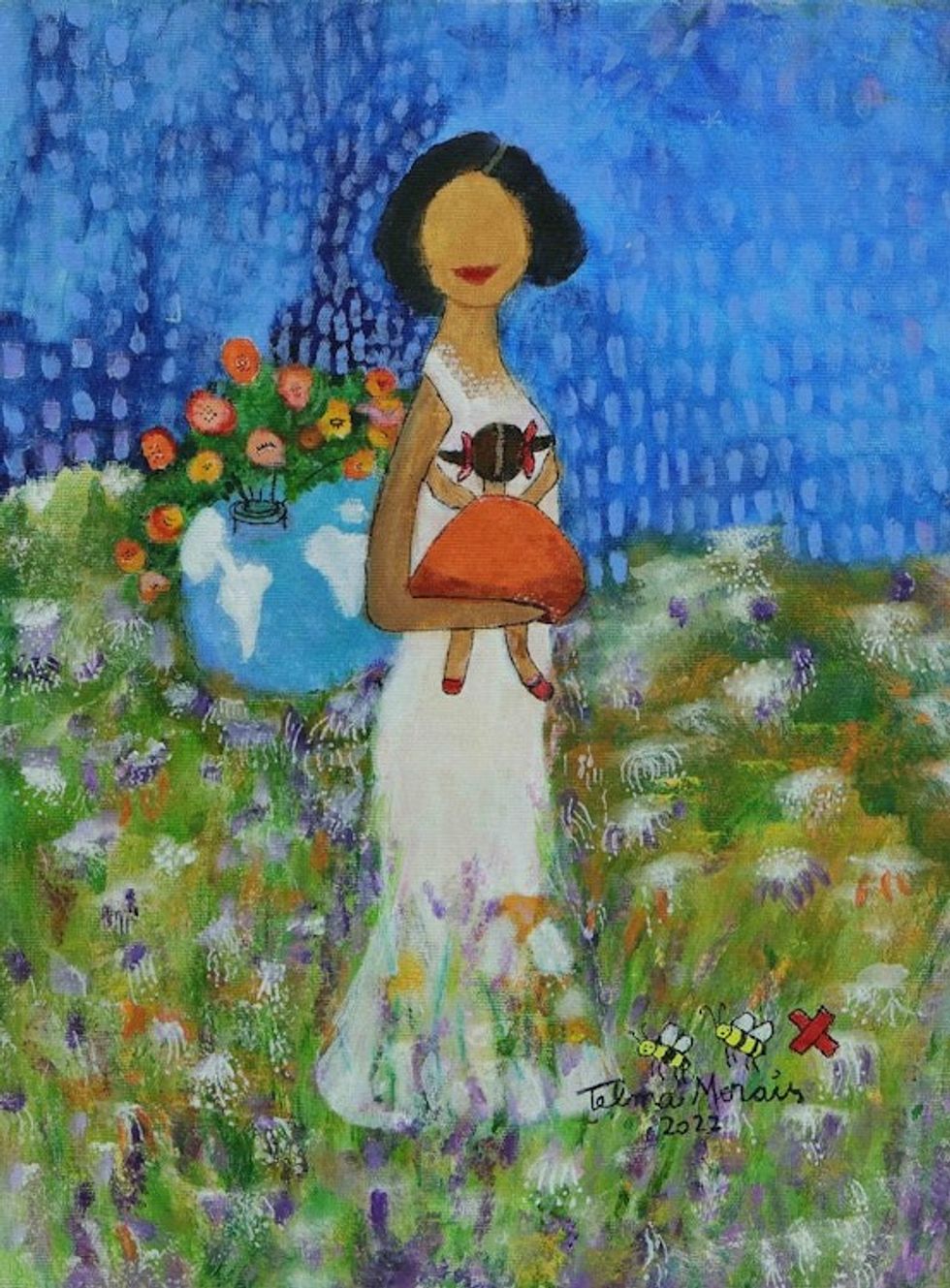 Acrylic Painting of Woman and Child in Abstract  Naif Style 'Hope'