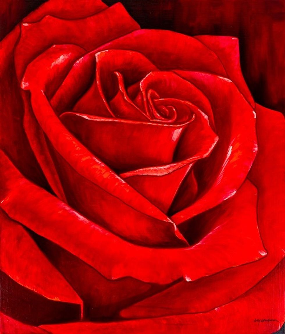 Signed Stretched Realist Oil Painting of a Red Rose 'Rose Petals'