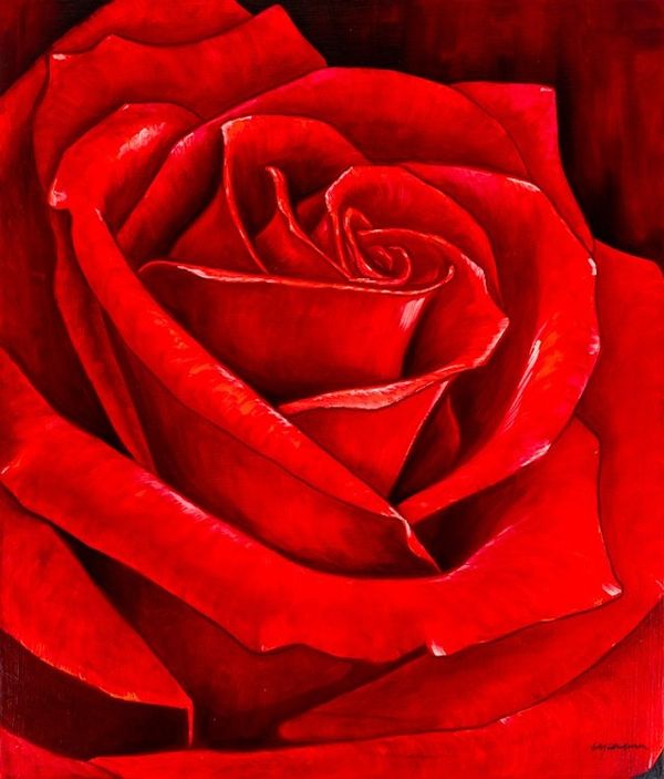 Alternate image for Signed Stretched Realist Oil Painting of a Red Rose Rose Petals