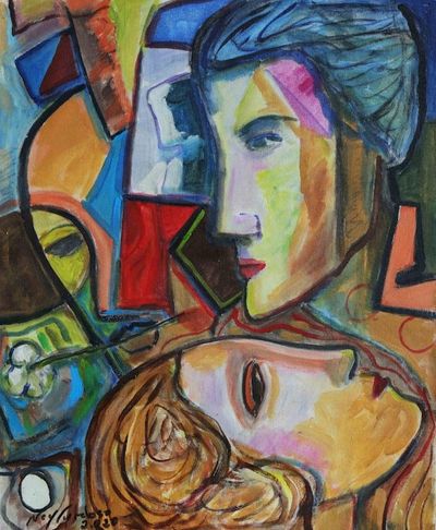 Alternate image for Original Brazilian Cubist Portrait Painting in Jewel Colors Three Persons