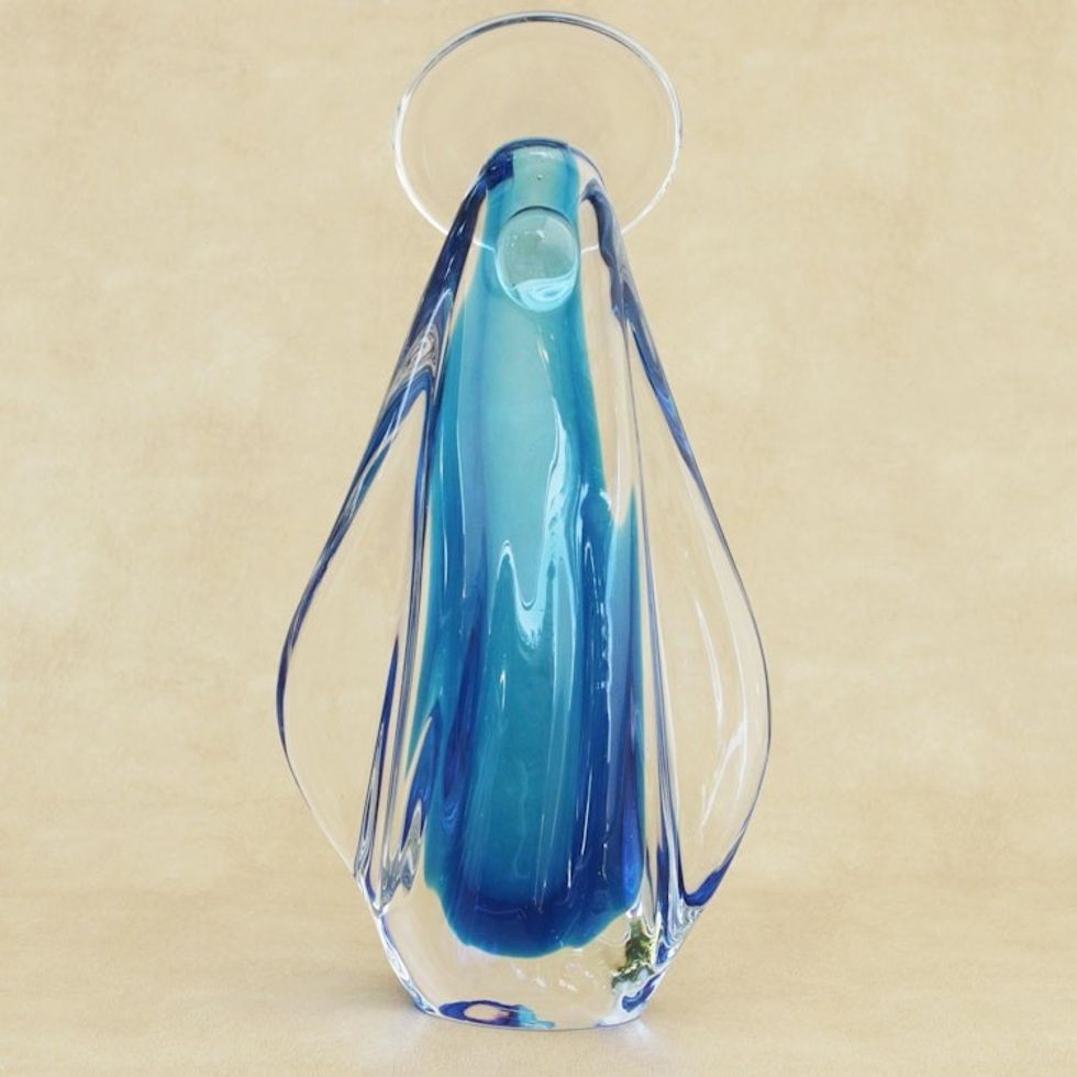 Abstract Art Glass Sculpture of Mother Mary in Blue 'Our Lady in Blue'