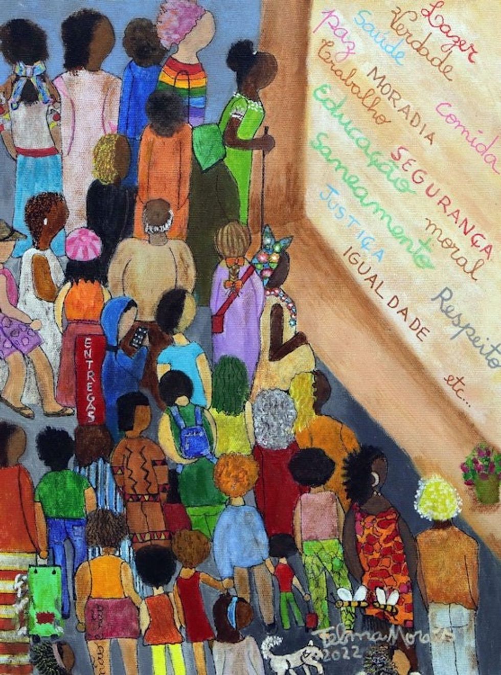 Stretched Signed Naif Acrylic Painting of Diverse Citizens 'Society of the Invisibles'