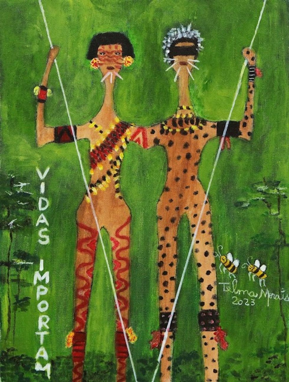 Green Naif Acrylic Painting of Native Brazilian Women 'Lives Matter'