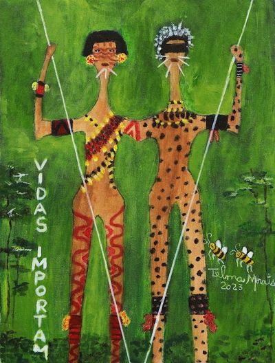 Alternate image for Green Naif Acrylic Painting of Native Brazilian Women Lives Matter