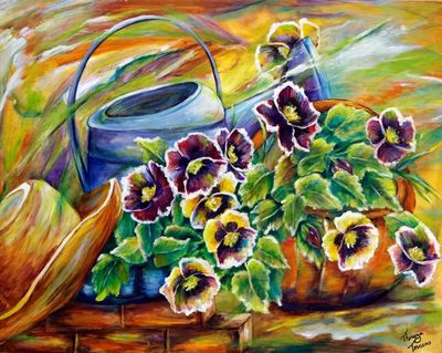 Alternate image for Acrylic on Canvas Garden Still-Life Painting from Brazil In a Corner of the Garden