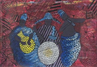 Alternate image for Signed Expressionist Painting of Three African Musicians Traditional Musicians