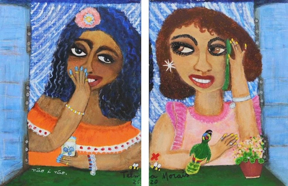 Colorful Acrylic on Canvas Diptych of Women in Naif Style 'Gossip Girls'