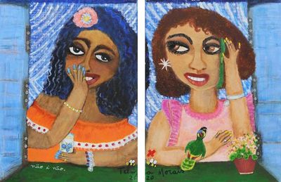 Alternate image for Colorful Acrylic on Canvas Diptych of Women in Naif Style Gossip Girls