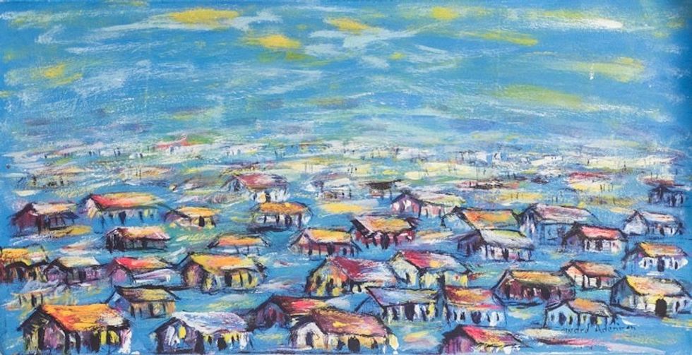 Signed Expressionist Painting of an African Village 'Urban Village in the Evening'