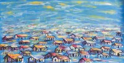 Alternate image for Signed Expressionist Painting of an African Village Urban Village in the Evening
