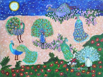 Alternate image for Signed Naif Portrait of a Peacocks in Paradise Peacock Party