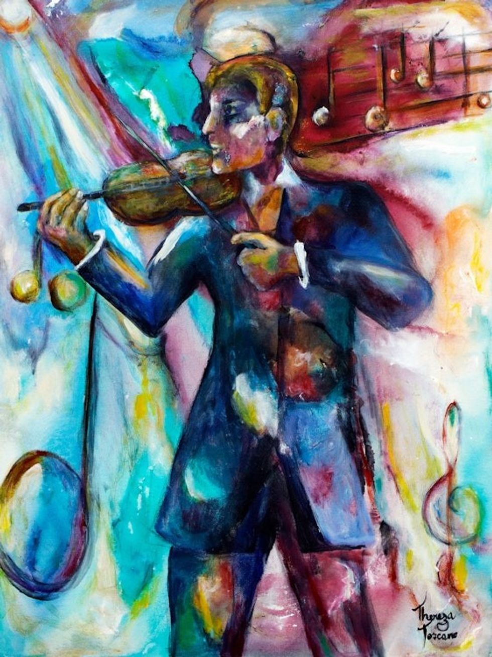 Acrylic Painting of Violin Player with Musical Symbols 'Violin Player'