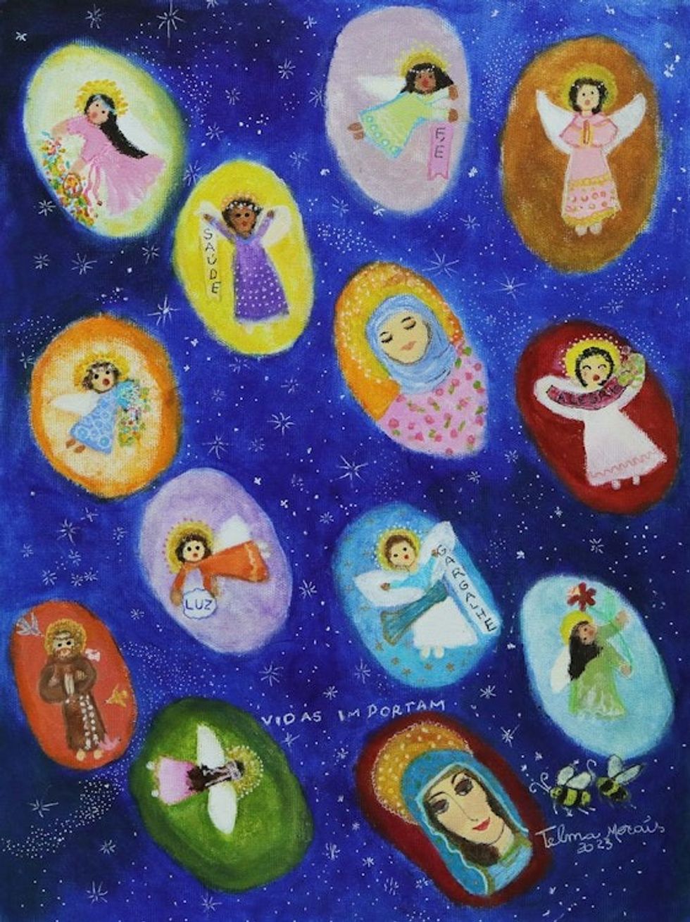 Stretched Signed Blue Naif Acrylic Painting of Little Angels 'The Colorful Sky'