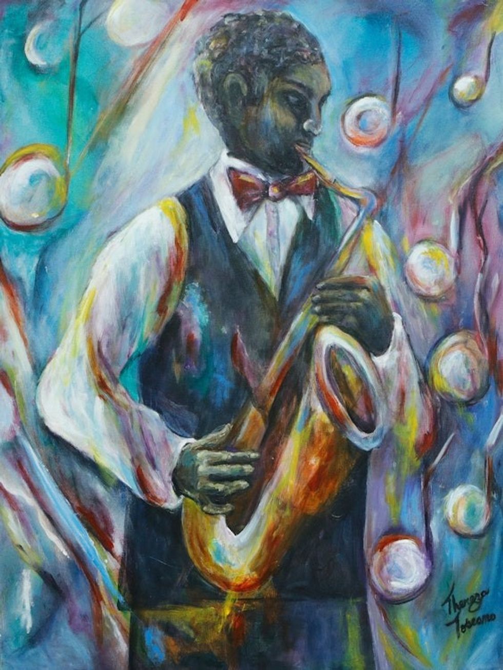 Signed Acrylic Painting of Saxophone Player from Brazil 'Saxophone Player'