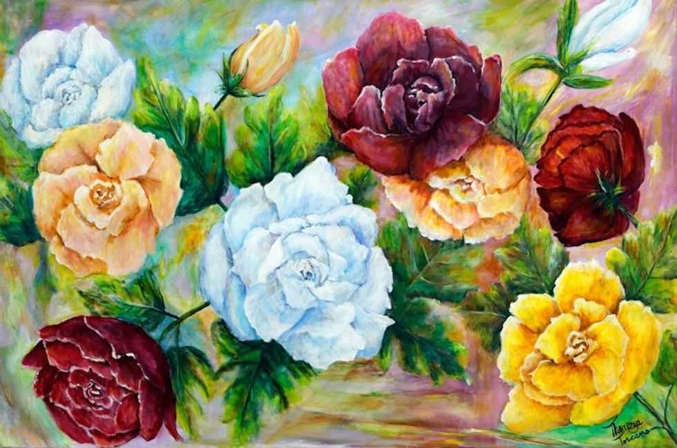 Acrylic on Canvas Rose Still-Life Painting from Brazil 'Roses, Roses, Roses'