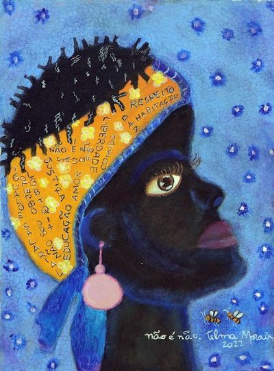 Alternate image for Blue and Yellow Naif Acrylic Painting of Inspirational Woman Empowerment Flowers