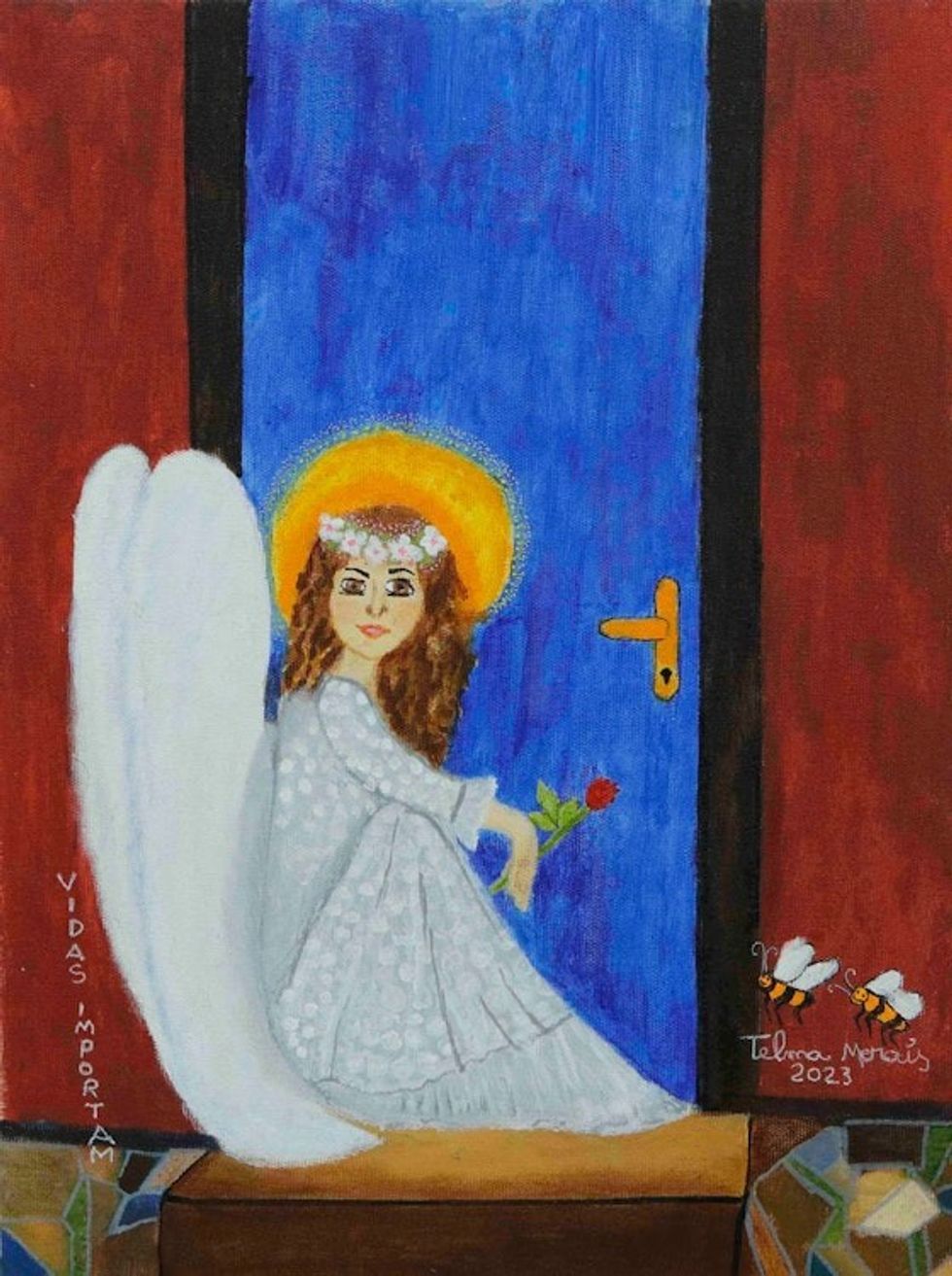 Naif Acrylic Portrait of Angel with Flowers Made in Brazil 'Waiting for You'