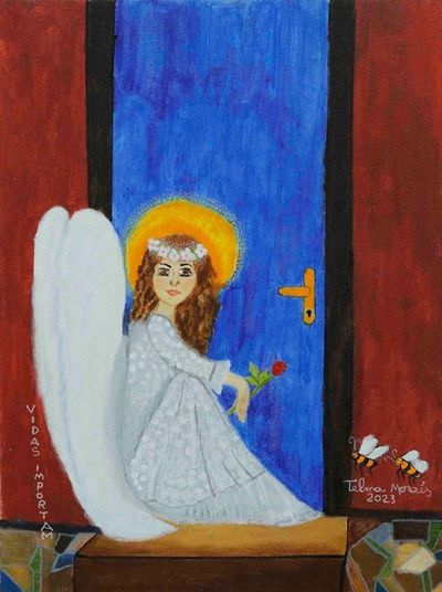 Alternate image for Naif Acrylic Portrait of Angel with Flowers Made in Brazil Waiting for You