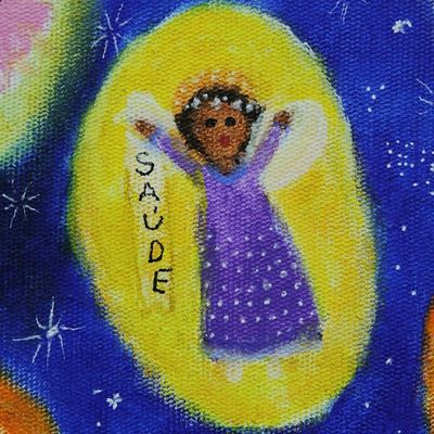 Alternate image for Stretched Signed Blue Naif Acrylic Painting of Little Angels The Colorful Sky