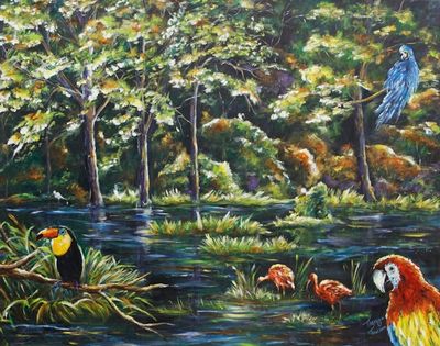 Alternate image for Acrylic on Canvas Painting of Amazon Rainforest with Birds Amazon Rainforest