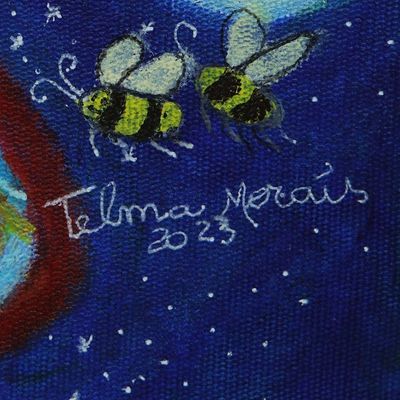 Alternate image for Stretched Signed Blue Naif Acrylic Painting of Little Angels The Colorful Sky