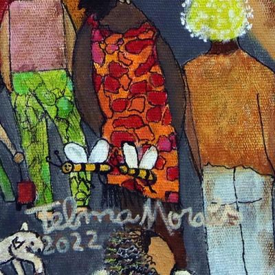 Alternate image for Stretched Signed Naif Acrylic Painting of Diverse Citizens Society of the Invisibles