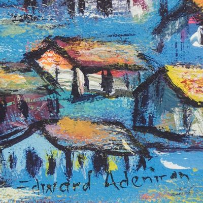 Alternate image for Signed Expressionist Painting of an African Village Urban Village in the Evening