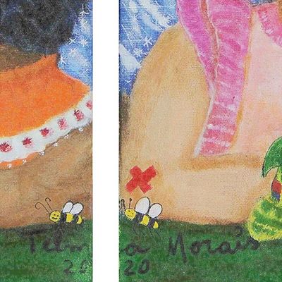 Alternate image for Colorful Acrylic on Canvas Diptych of Women in Naif Style Gossip Girls