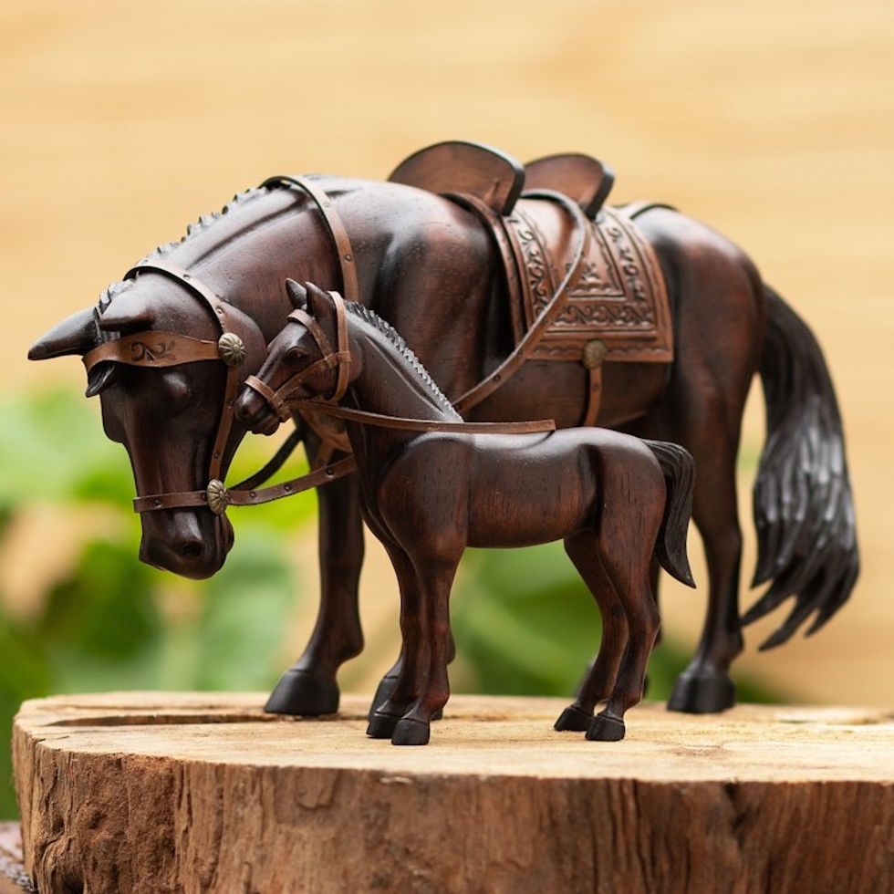 Hand Carved Horse Family Sculpture Pair from Peru 'Equine Family'