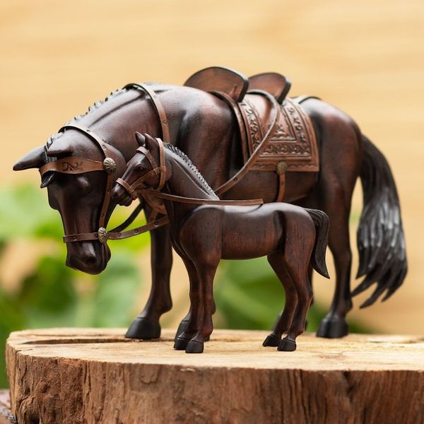 Alternate image for Hand Carved Horse Family Sculpture Pair from Peru Equine Family